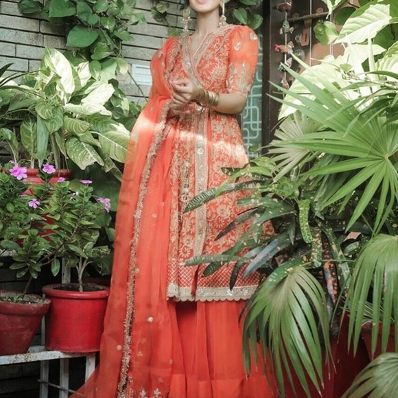 Faiza Saqlain Gulafsa - 3pc Orange Embroidered Chiffon Angrakha Lehenga - Picture 5 of 5